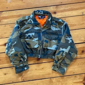 Zara Camouflage Bomber Jacket with Orange Lining